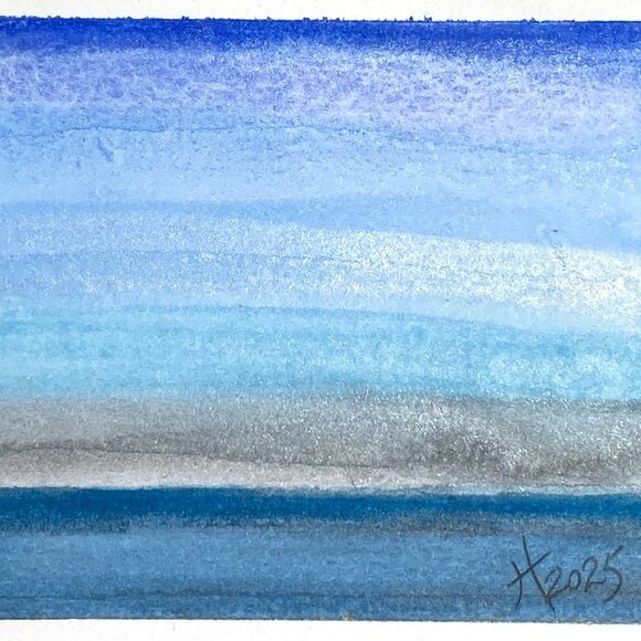 Ocean Blue Original Iridescent Watercolor Painting 4x5in Black Frame Desk Art - Picture 1 of 6